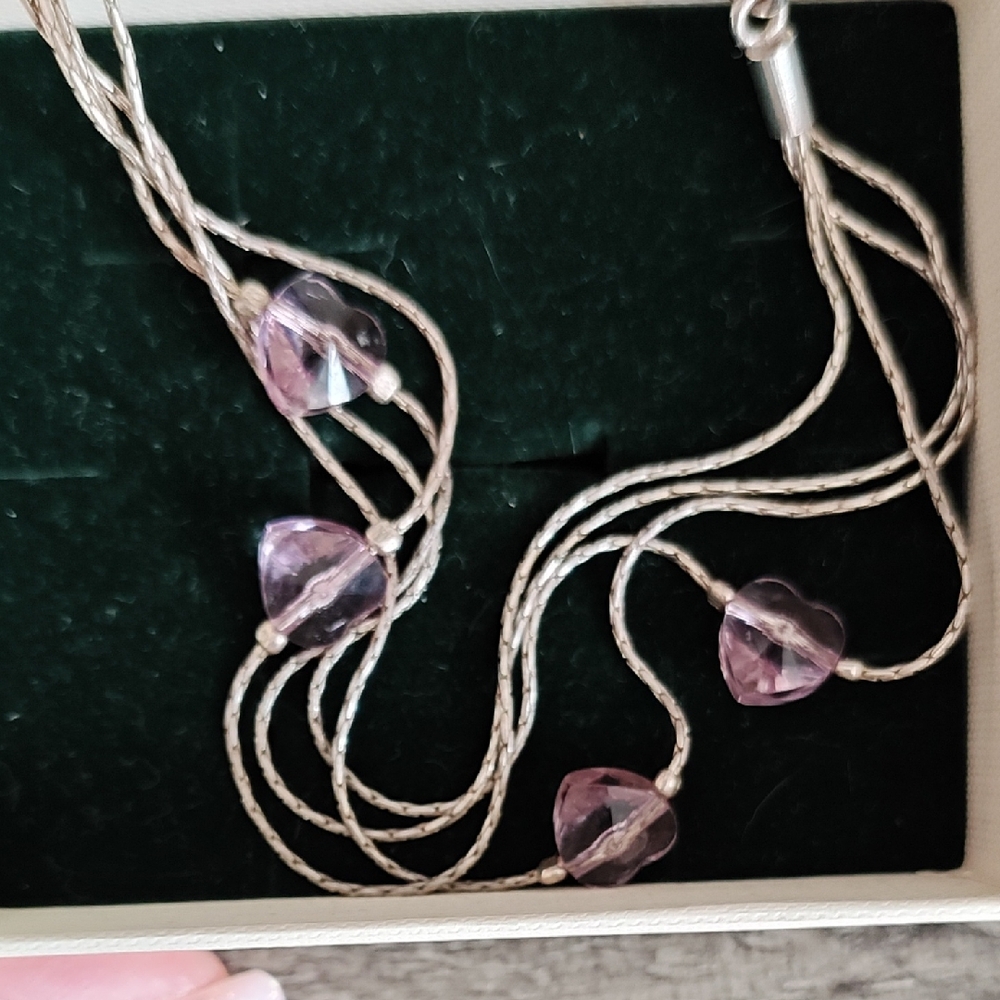Silver 925 🩷 Multi-Strand Necklace with Light Purple Heart Beads